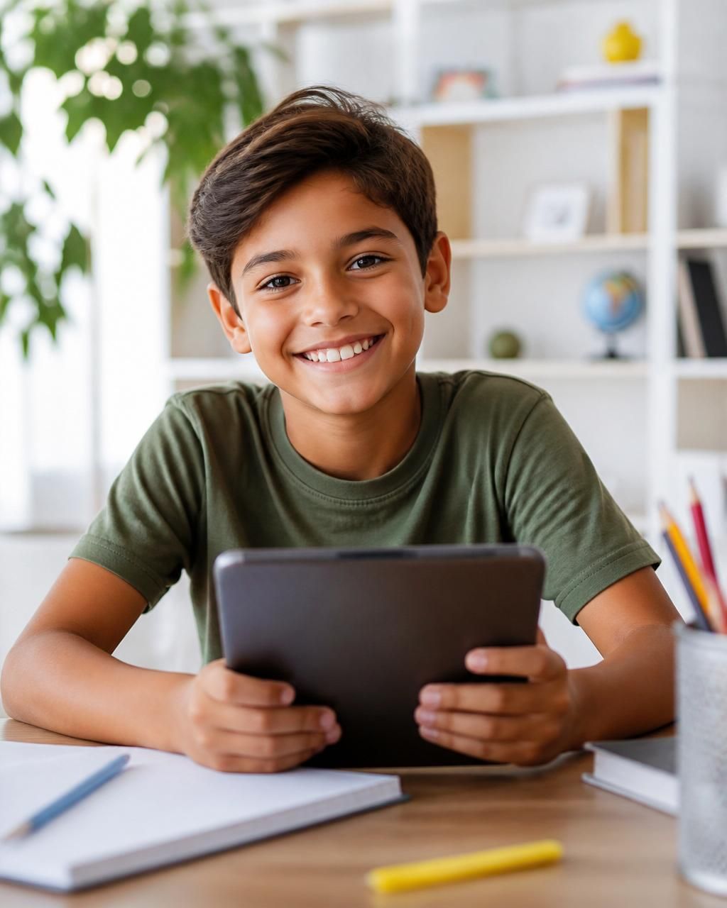 Estudantes Luma em tutoria com tablets e fones de ouvido